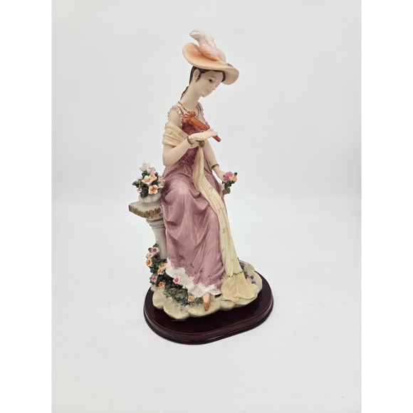Other - Woman With Flowers Bench Figurine Tea Party  13.5" Resin On Wood Base